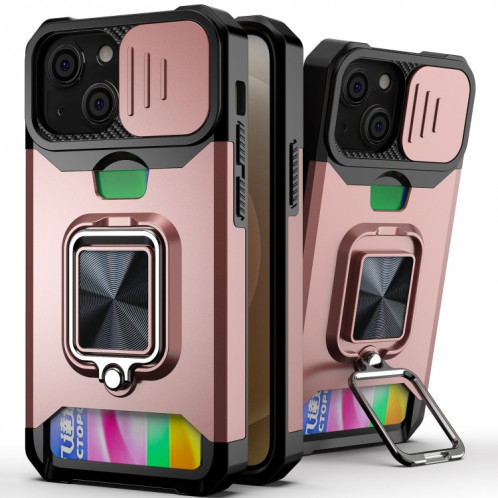 Cover Caméra coulissant Design PC + TPU Case antichoc avec porte-bague et emplacement de carte pour iPhone 13 mini (or rose) SH701C70-07