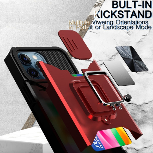 Cover Caméra coulissant Design PC + TPU Case antichoc avec porte-bague et emplacement de carte pour iPhone 13 Pro (rouge) SH703A673-07