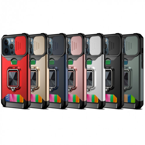 Coque de caméra coulissante design PC + TPU Case antichoc avec porte-bagues et emplacement de carte pour iPhone 13 Pro (Rose Gold) SH703C14-07