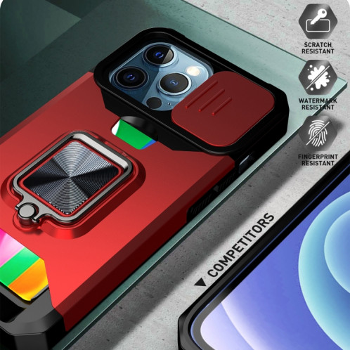 Cover Caméra coulissant Design PC + TPU Case antichoc avec porte-bague et emplacement de carte pour iPhone 13 Pro (vert foncé) SH703D1689-07