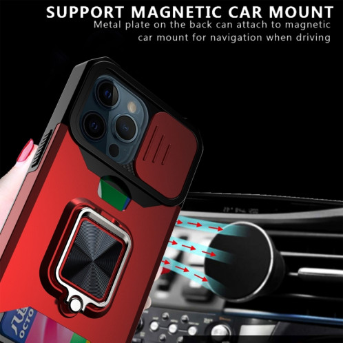 Cover Caméra coulissant Design PC + TPU Case antichoc avec porte-bague et emplacement de carte pour iPhone 13 Pro (or) SH703E286-07