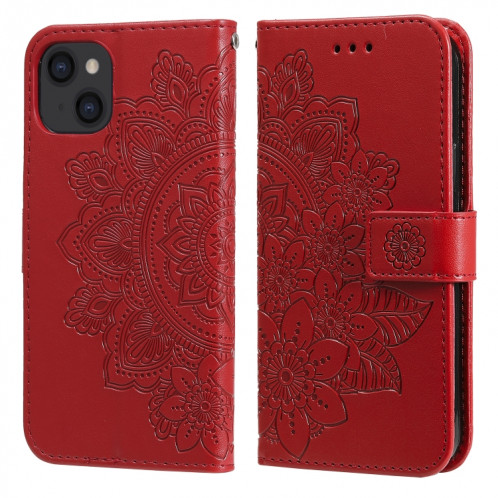 Fleurs 7-Pétales Modèle de gaufrage Horizontal Flip PU Coque en cuir PU avec support et carte de portefeuille et cadre de portefeuille et photo pour iPhone 13 (rouge) SH701B274-07