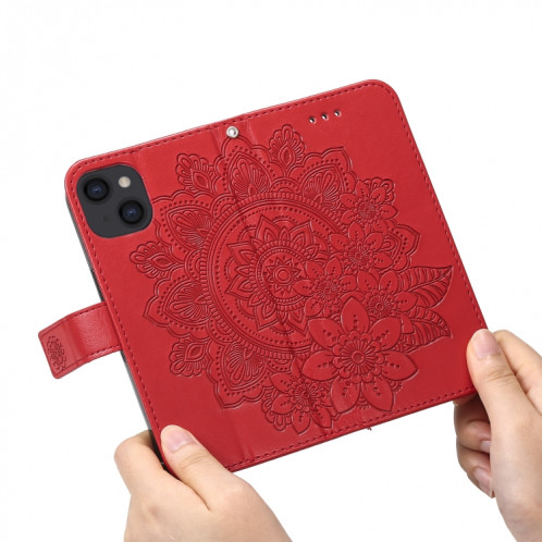 Fleurs 7-Pétales Modèle de gaufrage Horizontal Flip PU Coque en cuir PU avec support et carte de portefeuille et cadre de portefeuille et photo pour iPhone 13 (rouge) SH701B274-07