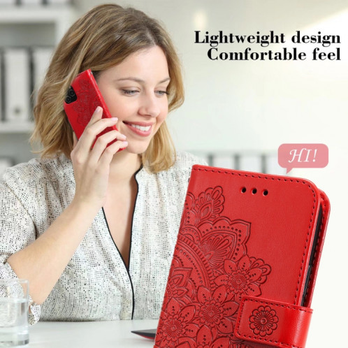 Fleurs 7-Pétales Modèle de gaufrage Horizontal Flip PU Coque en cuir PU avec support et carte de portefeuille et cadre de portefeuille et photo pour iPhone 13 (rouge) SH701B274-07