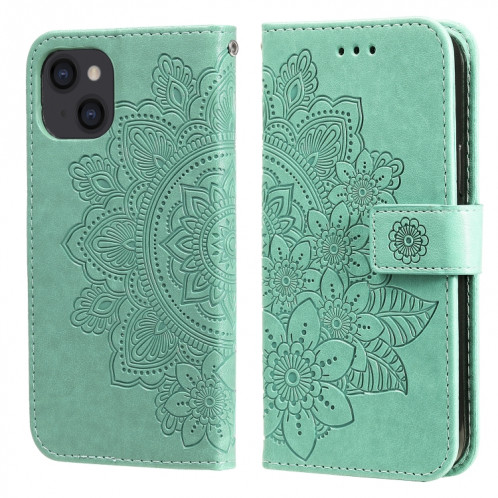 Fleurs 7-Petal Motif de gaufrage Horizontal Flip PU Coque en cuir PU avec support et carte de portefeuille et cadre de portefeuille et photo pour iPhone 13 (vert) SH701C141-07