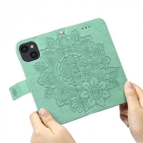 Fleurs 7-Petal Motif de gaufrage Horizontal Flip PU Coque en cuir PU avec support et carte de portefeuille et cadre de portefeuille et photo pour iPhone 13 (vert) SH701C141-07
