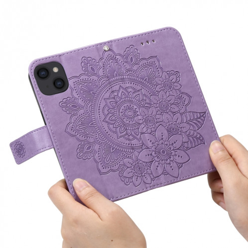 Fleurs 7-Pétales Modèle de gaufrage Horizontal Flip PU Coque en cuir PU avec support & carte Slots & Portefeuille et cadre photo pour iPhone 13 (Violet léger) SH701E332-07