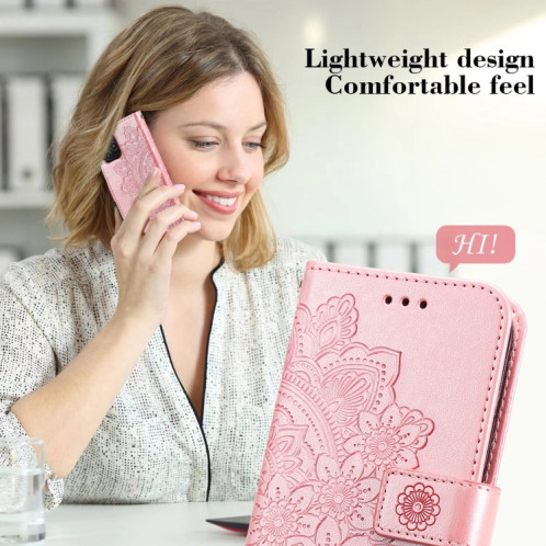 Fleurs 7-Pétales Motif de gaufrage Horizontal Flip PU Coque en cuir PU avec support & carte Slots & Portefeuille et cadre photo pour iPhone 13 Pro (Rose Gold) SH703A1820-07