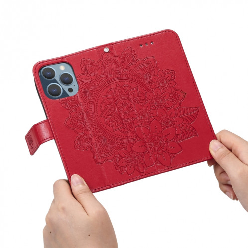 Fleurs 7-Pétales Motif de gaufrage Horizontal Flip PU Coque en cuir PU avec support et carte de portefeuille et cadre de portefeuille et photo pour iPhone 13 Pro (rouge) SH703B370-07