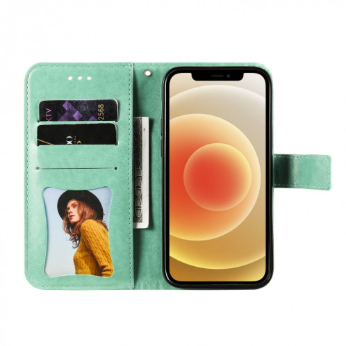 Fleurs 7-Pétales Motif de gaufrage Horizontal Flip PU Coque en cuir PU avec support et carte de portefeuille et cadre de portefeuille et photo pour iPhone 13 Pro (Vert) SH703C1946-07