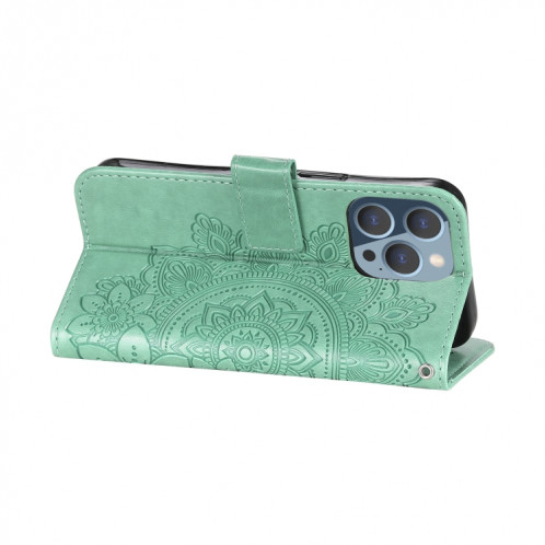 Fleurs 7-Pétales Motif de gaufrage Horizontal Flip PU Coque en cuir PU avec support et carte de portefeuille et cadre de portefeuille et photo pour iPhone 13 Pro (Vert) SH703C1946-07