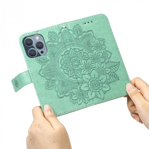 Fleurs 7-Pétales Motif de gaufrage Horizontal Flip PU Coque en cuir PU avec support et carte de portefeuille et cadre de portefeuille et photo pour iPhone 13 Pro (Vert) SH703C1946-07