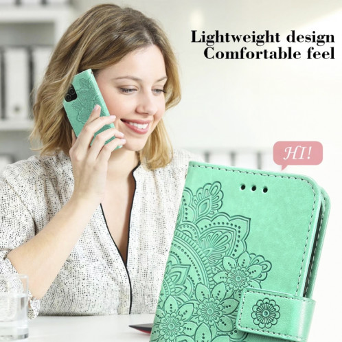 Fleurs 7-Pétales Motif de gaufrage Horizontal Flip PU Coque en cuir PU avec support et carte de portefeuille et cadre de portefeuille et photo pour iPhone 13 Pro (Vert) SH703C1946-07