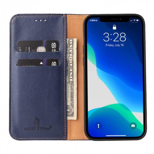 Fierre Shann Pu Cuir Texture Horizontal Flip Coating Coque avec porte-carte et portefeuille pour iPhone 13 PRO (Bleu) SF803C814-07