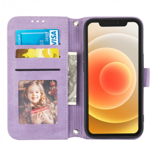 Boucle magnétique à rayures en relief PU + TPU Horizontal Flip Coating Boîtier avec support & Card Slot & Portefeuille et cadre photo et sling pour iPhone 13 (violet) SH202E976-08