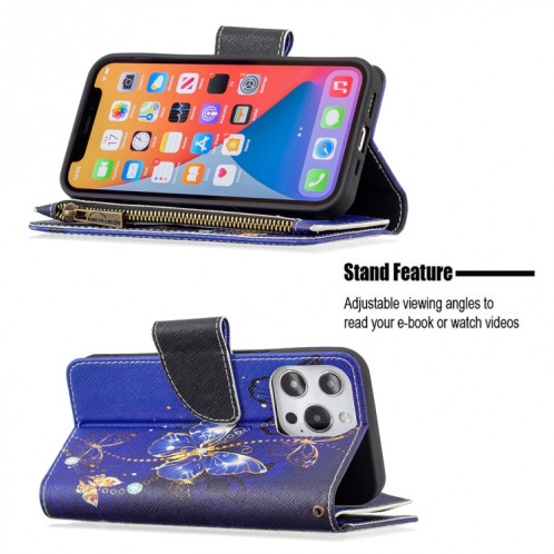 Dessin coloré Cadre à glissière Horizontal Horizontal Toam Coating avec porte-cartes et portefeuille pour iPhone 13 (papillon violet) SH102A1458-07