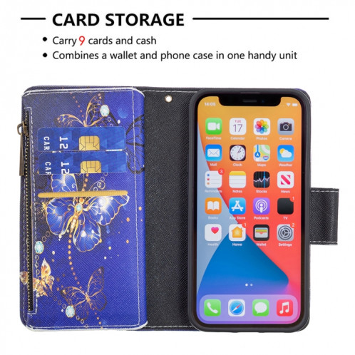 Dessin coloré Cadre à glissière Horizontal Horizontal Toam Coating avec porte-cartes et portefeuille pour iPhone 13 (papillon violet) SH102A1458-07