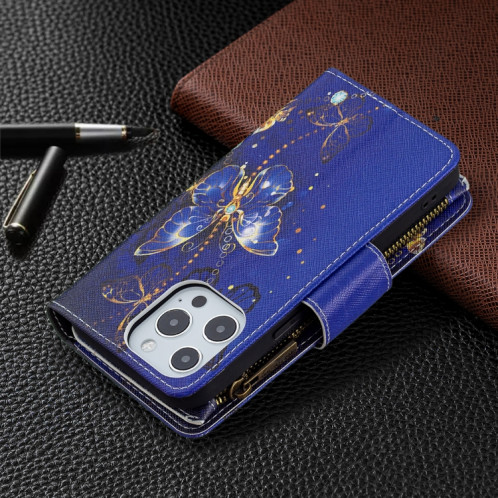 Dessin coloré Cadre à glissière Horizontal Horizontal Toam Coating avec porte-cartes et portefeuille pour iPhone 13 (papillon violet) SH102A1458-07