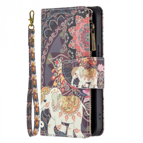 Couleur de dessin de couleurs Zipper Horizontal Flip Cuir Case avec porte-carte et portefeuille pour iPhone 13 (éléphants de fleurs) SH102J62-07