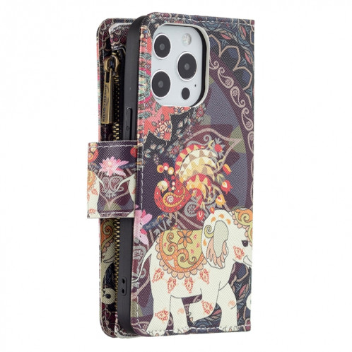 Couleur de dessin de couleurs Zipper Horizontal Flip Cuir Case avec porte-carte et portefeuille pour iPhone 13 (éléphants de fleurs) SH102J62-07