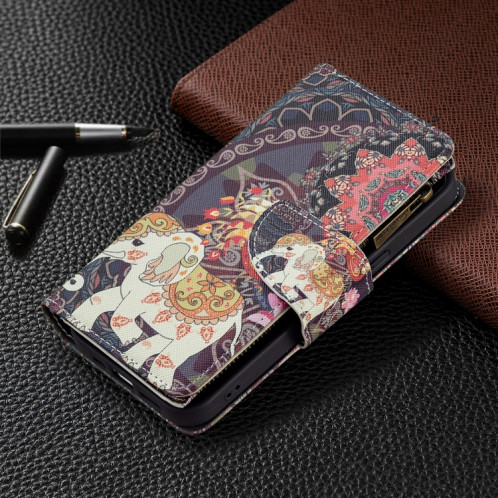 Couleur de dessin de couleurs Zipper Horizontal Flip Cuir Case avec porte-carte et portefeuille pour iPhone 13 (éléphants de fleurs) SH102J62-07