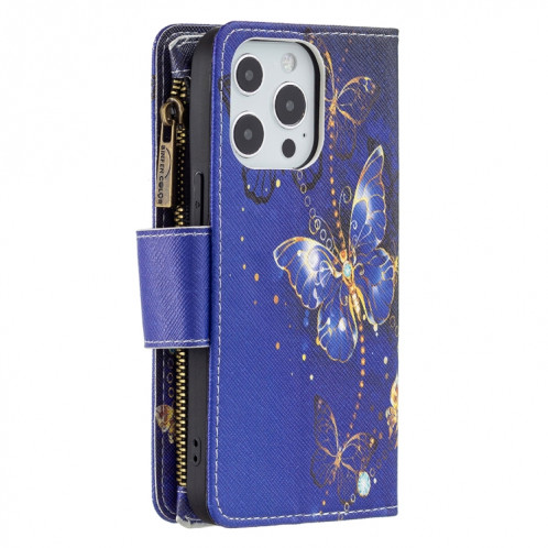 Dessin de couleur Cadre à glissière à glissière Horizontale Flip Cuir Coffret avec porte-carte et portefeuille pour iPhone 13 Pro (papillon violet) SH103A14-07