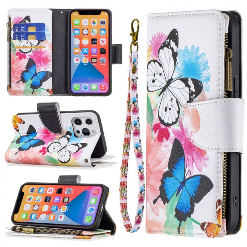 Dessin de couleur Cadre à glissière Horizontal Horizontal Toam Coating avec porte-carte et portefeuille pour iPhone 13 Pro (deux papillons) SH103B279-07