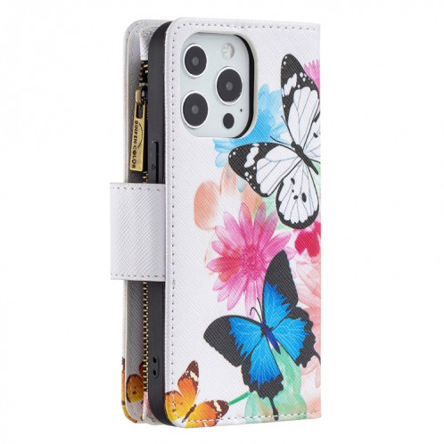 Dessin de couleur Cadre à glissière Horizontal Horizontal Toam Coating avec porte-carte et portefeuille pour iPhone 13 Pro (deux papillons) SH103B279-07
