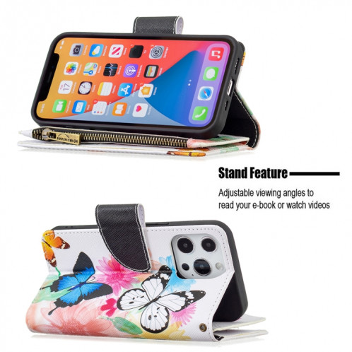 Dessin de couleur Cadre à glissière Horizontal Horizontal Toam Coating avec porte-carte et portefeuille pour iPhone 13 Pro (deux papillons) SH103B279-07