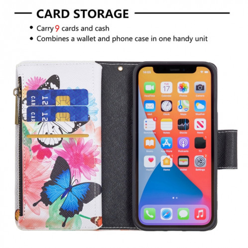 Dessin de couleur Cadre à glissière Horizontal Horizontal Toam Coating avec porte-carte et portefeuille pour iPhone 13 Pro (deux papillons) SH103B279-07