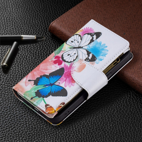 Dessin de couleur Cadre à glissière Horizontal Horizontal Toam Coating avec porte-carte et portefeuille pour iPhone 13 Pro (deux papillons) SH103B279-07