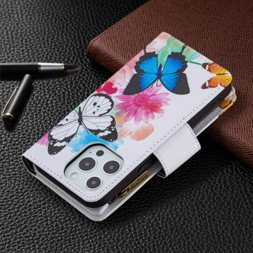 Dessin de couleur Cadre à glissière Horizontal Horizontal Toam Coating avec porte-carte et portefeuille pour iPhone 13 Pro (deux papillons) SH103B279-07