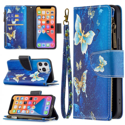 Dessin de couleur Modèle à fermeture éclair Horizontal Horizontal Flip Coating avec porte-carte et portefeuille pour iPhone 13 Pro (Butterfly d'or) SH103F930-07
