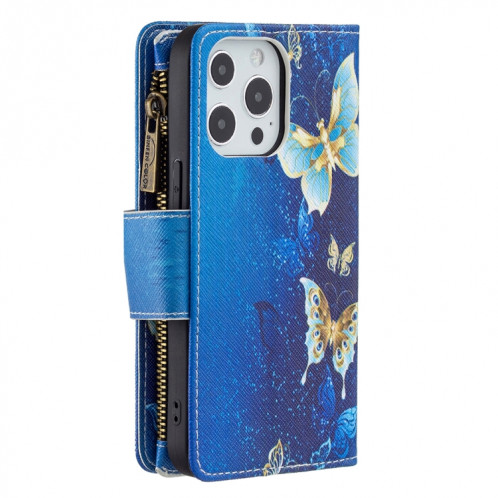 Dessin de couleur Modèle à fermeture éclair Horizontal Horizontal Flip Coating avec porte-carte et portefeuille pour iPhone 13 Pro (Butterfly d'or) SH103F930-07