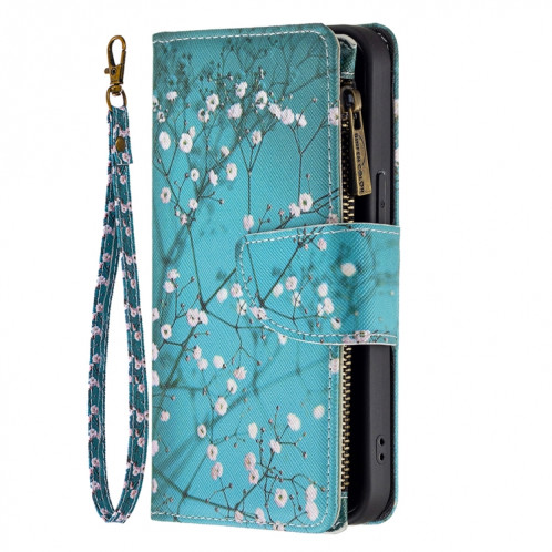 Dessin coloré Cadre à glissière Horizontal Horizontal Flip Coating avec support et portefeuille de cartes et portefeuille pour iPhone 13 Pro (Blossom de prune) SH103G1364-07