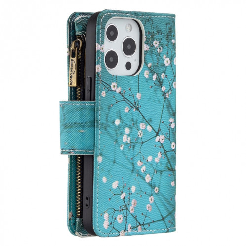 Dessin coloré Cadre à glissière Horizontal Horizontal Flip Coating avec support et portefeuille de cartes et portefeuille pour iPhone 13 Pro (Blossom de prune) SH103G1364-07
