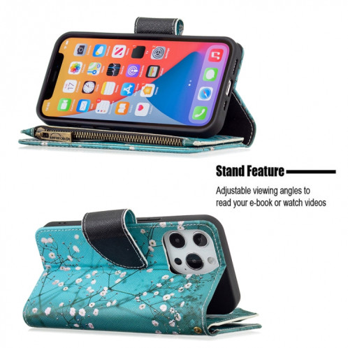 Dessin coloré Cadre à glissière Horizontal Horizontal Flip Coating avec support et portefeuille de cartes et portefeuille pour iPhone 13 Pro (Blossom de prune) SH103G1364-07