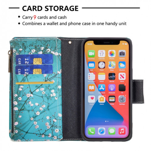 Dessin coloré Cadre à glissière Horizontal Horizontal Flip Coating avec support et portefeuille de cartes et portefeuille pour iPhone 13 Pro (Blossom de prune) SH103G1364-07