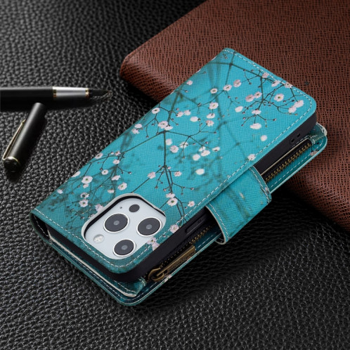 Dessin coloré Cadre à glissière Horizontal Horizontal Flip Coating avec support et portefeuille de cartes et portefeuille pour iPhone 13 Pro (Blossom de prune) SH103G1364-07