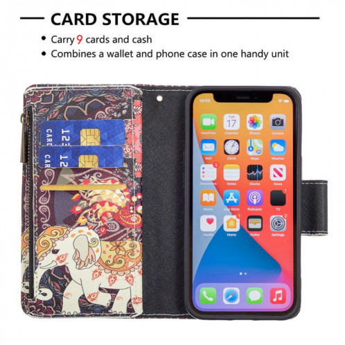 Dessin coloré Cadre à glissière à glissière Horizontal Flip Cuir Case avec porte-cartes et portefeuille pour iPhone 13 Pro (éléphants de fleurs) SH103J1240-07