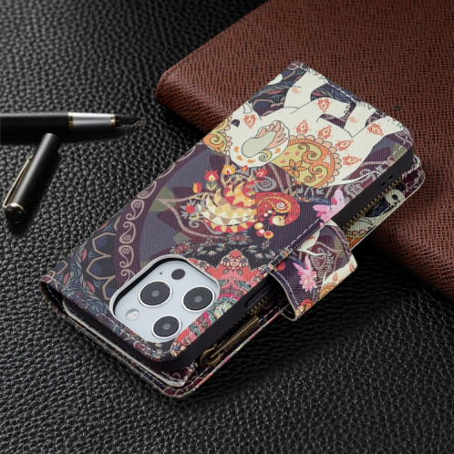 Dessin coloré Cadre à glissière à glissière Horizontal Flip Cuir Case avec porte-cartes et portefeuille pour iPhone 13 Pro (éléphants de fleurs) SH103J1240-07