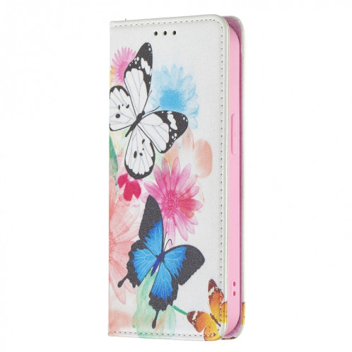 Motif de dessin coloré Invisible Horizontal Horizontal Flip PU Coque en cuir PU avec porte-carte et portefeuille pour iPhone 13 mini (deux papillons) SH201C405-07