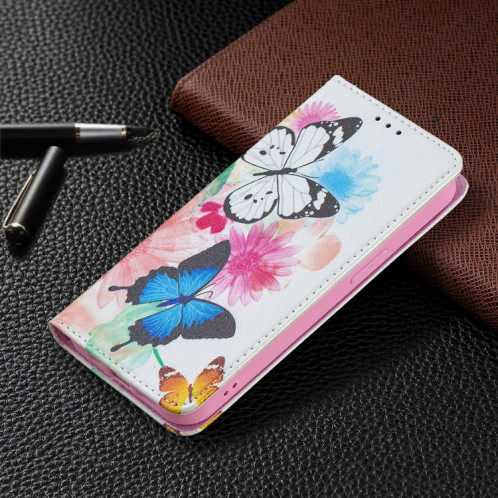 Motif de dessin coloré Invisible Horizontal horizontal Flip PU Coque en cuir PU avec porte-carte et portefeuille pour iPhone 13 (deux papillons) SH202C1285-07