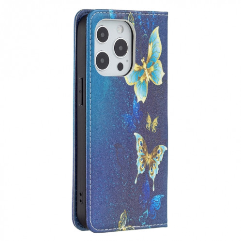 Motif de dessin coloré Invisible Horizontal horizontal Flip PU Coque en cuir PU avec support et cartes de carte et portefeuille pour iPhone 13 (Papillons d'or) SH202H1424-07