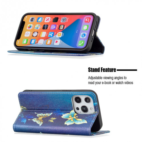 Motif de dessin coloré Invisible Horizontal horizontal Flip PU Coque en cuir PU avec support et cartes de carte et portefeuille pour iPhone 13 (Papillons d'or) SH202H1424-07