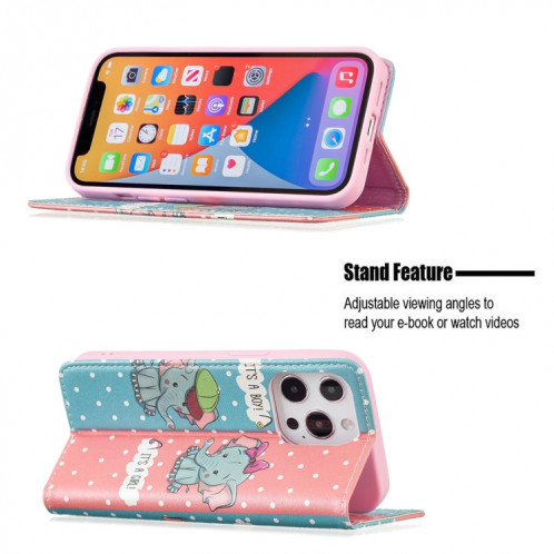 Motif de dessin coloré Invisible Horizontal Horizontal Boîtier en cuir PU avec porte-carte et portefeuille pour iPhone 13 (éléphant) SH202J1580-07