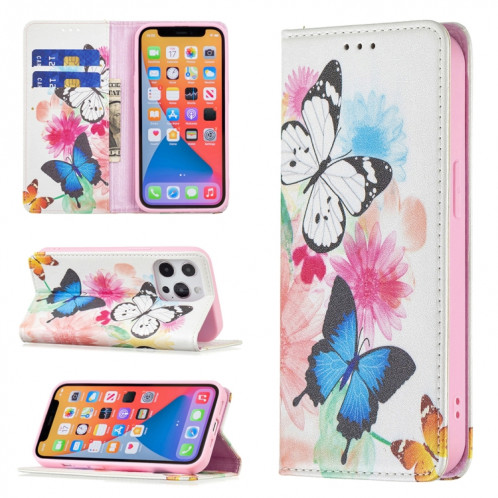Motif de dessin coloré Invisible Horizontal Horizontal Flip PU Coque en cuir PU avec support & carte Slots & Portefeuille pour iPhone 13 Pro (deux papillons) SH203C1692-07