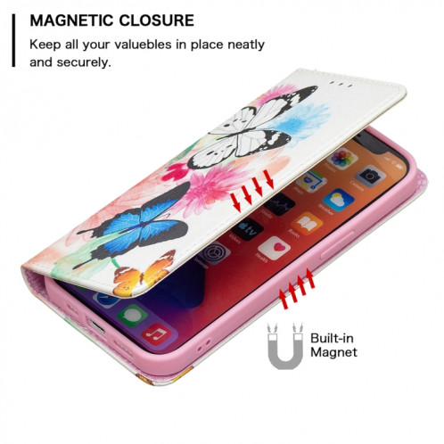 Motif de dessin coloré Invisible Horizontal Horizontal Flip PU Coque en cuir PU avec support & carte Slots & Portefeuille pour iPhone 13 Pro (deux papillons) SH203C1692-07
