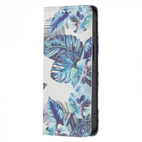 Modèle de dessin coloré Invisible Horizontal horizontal Flip PU Coque en cuir PU avec porte-cartes et portefeuille pour iPhone 13 Pro (feuilles bleues) SH203D397-07