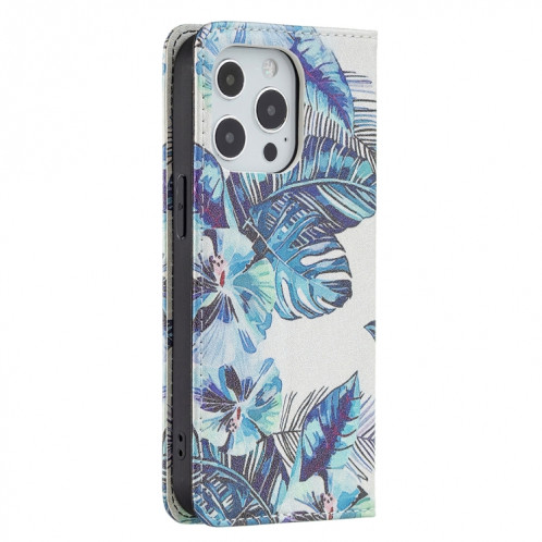 Modèle de dessin coloré Invisible Horizontal horizontal Flip PU Coque en cuir PU avec porte-cartes et portefeuille pour iPhone 13 Pro (feuilles bleues) SH203D397-07